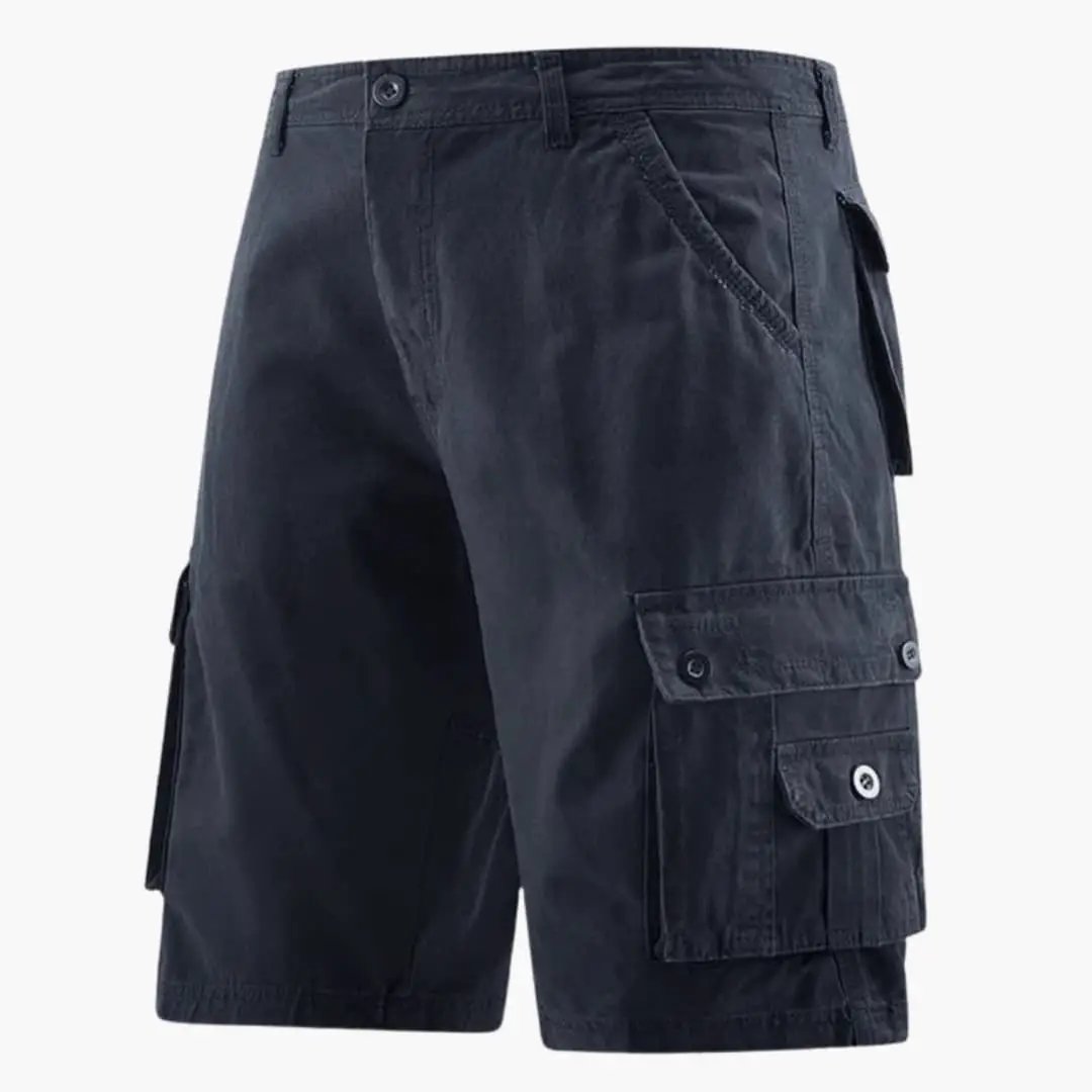Dark navy men cargo knee length shorts with pockets and side flap utility pocket detail