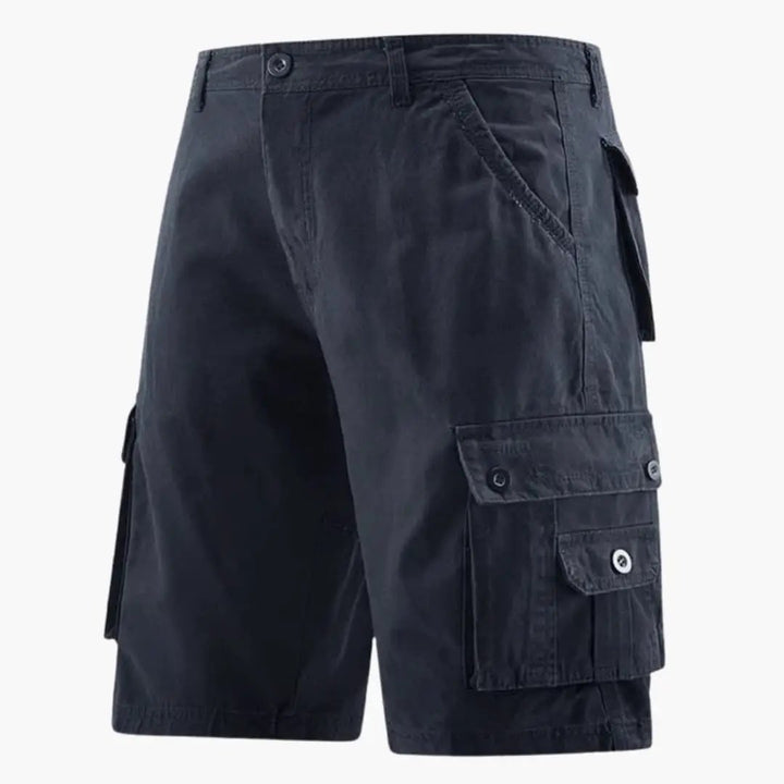 Dark navy men cargo knee length shorts with pockets and side flap utility pocket detail
