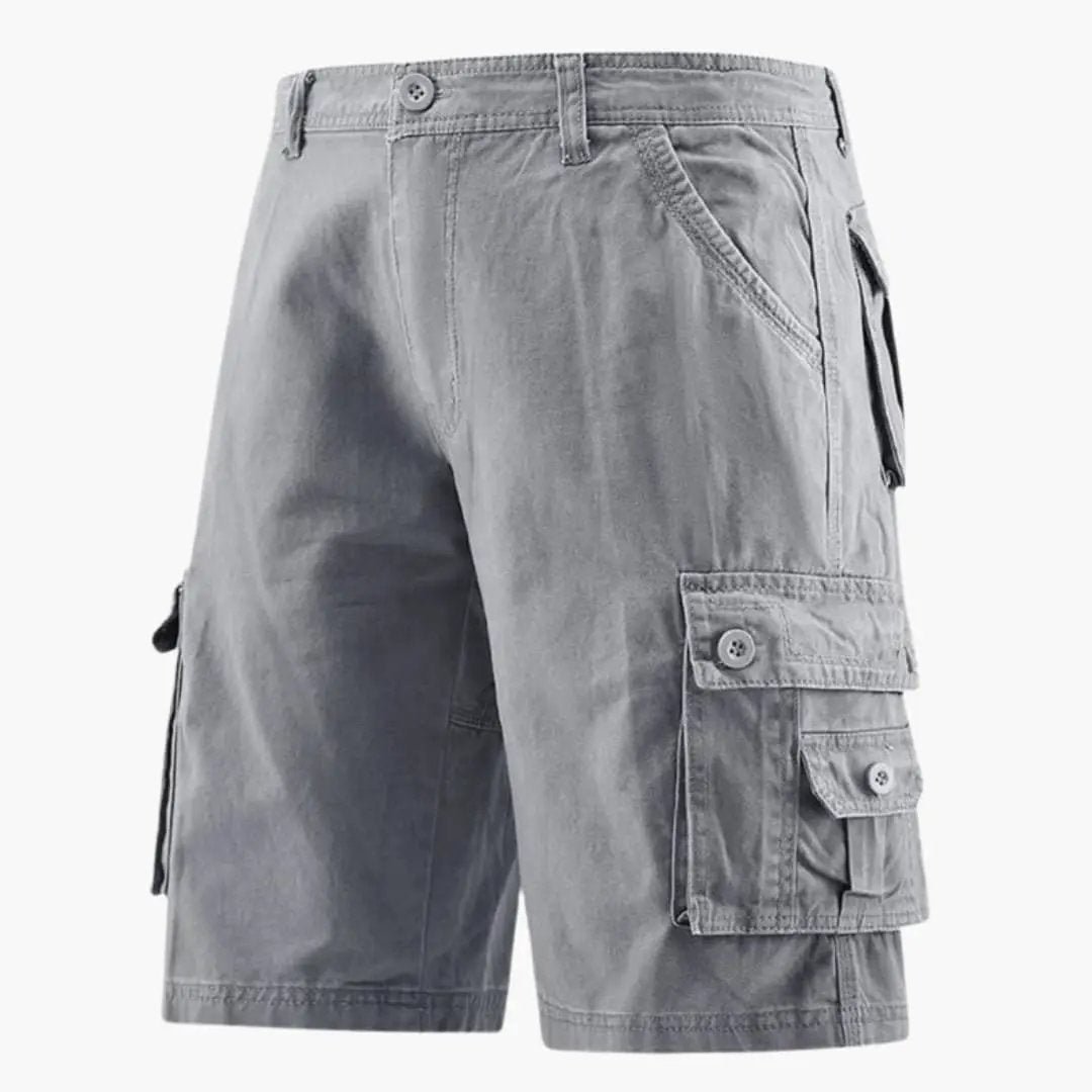 Light gray men cargo knee length shorts with pockets and dual button flap cargo pockets