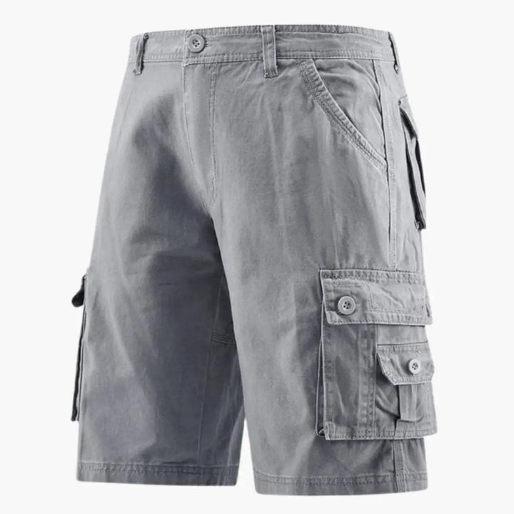 Light gray men cargo knee length shorts with pockets and dual button flap cargo pockets