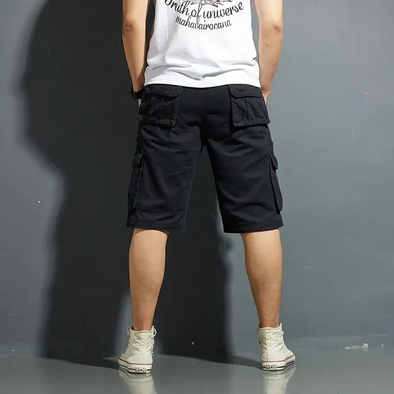 Black cargo knee length shorts side and back view with utility pockets and relaxed fit