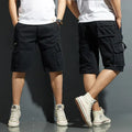 Black cargo shorts for men back view with multiple pockets and straight knee length cut
