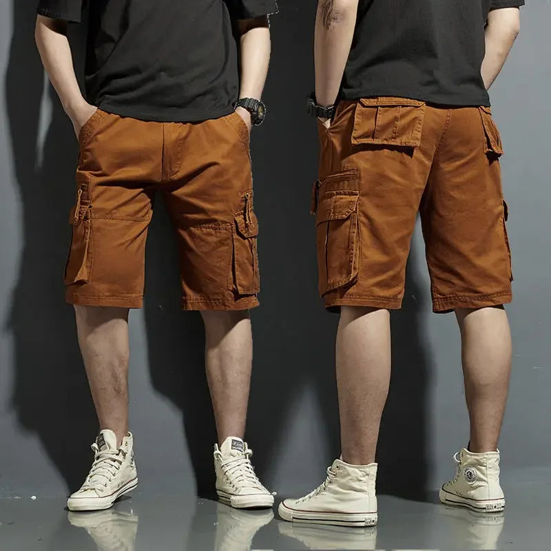 Brown cargo knee length shorts back view with flap pockets and casual utility style