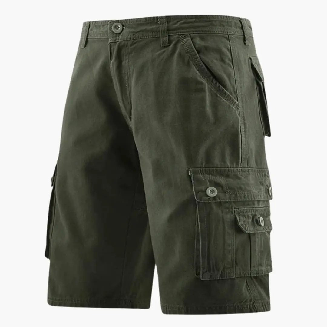 Olive green men cargo knee length shorts with pockets and button flap side storage