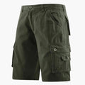 Olive green men cargo knee length shorts with pockets and button flap side storage