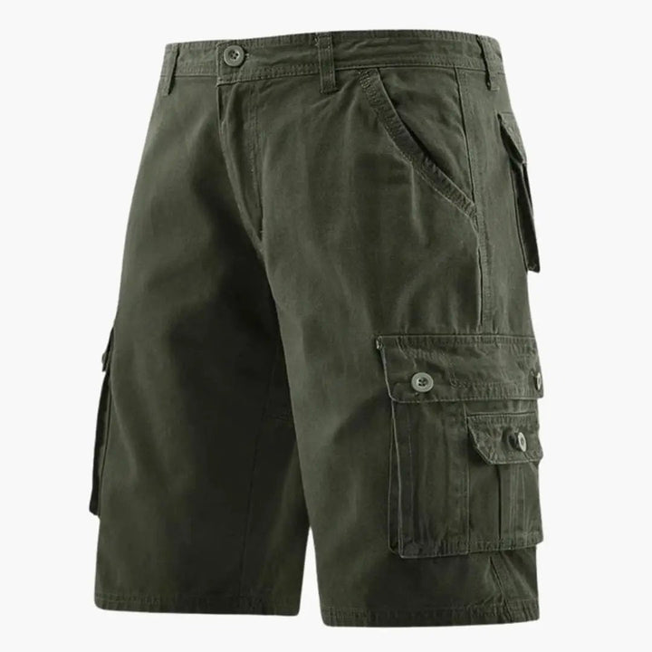 Olive green men cargo knee length shorts with pockets and button flap side storage