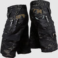 Black camo men cargo knee length shorts with large side pockets, zipper details, and belt loops