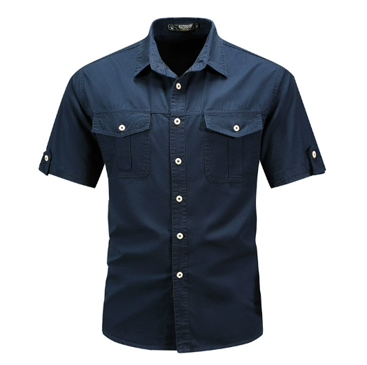 Navy blue men's cargo short sleeve button up shirt with dual chest pockets