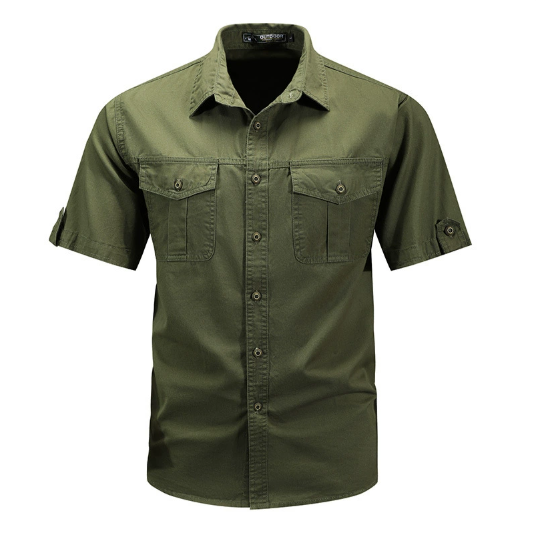 Olive green men's cargo short sleeve button up shirt with buttoned chest pockets