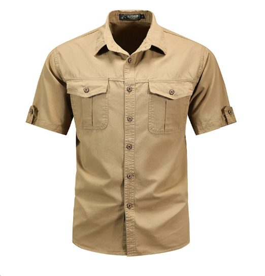 Tan men's cargo short sleeve button up shirt with flap chest pockets and roll tab sleeves