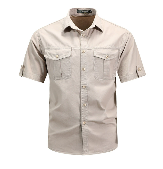 Light beige men's cargo short sleeve button up shirt with chest flap pockets