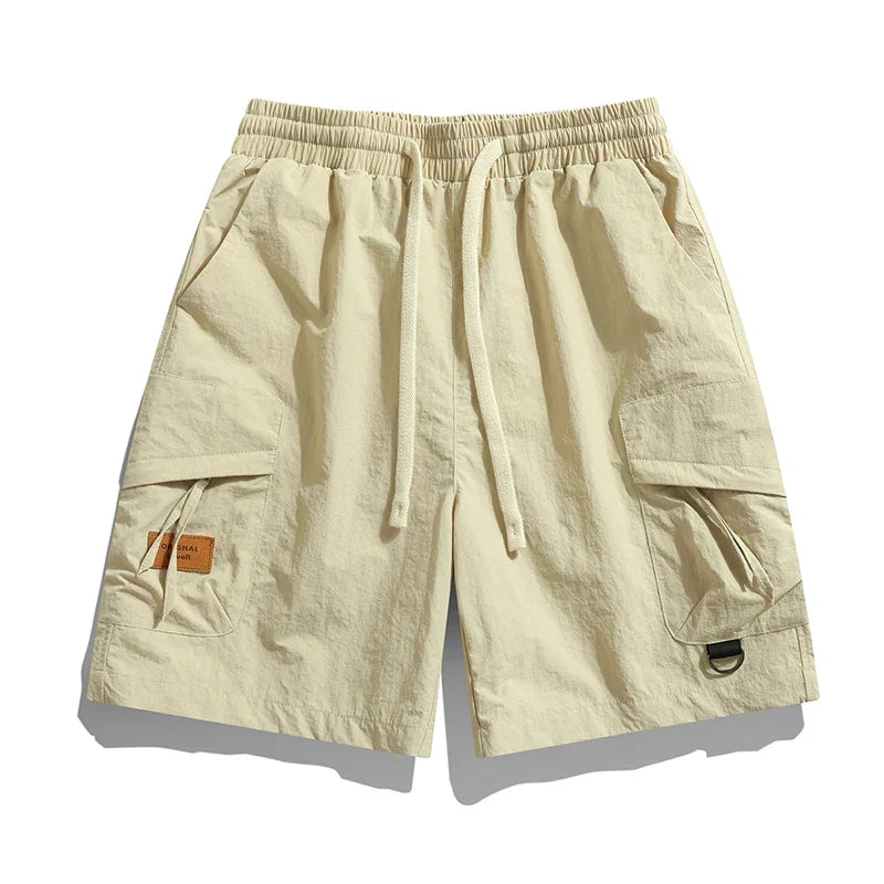 Light beige men's cargo shorts with elastic waist and drawstring, lightweight summer style