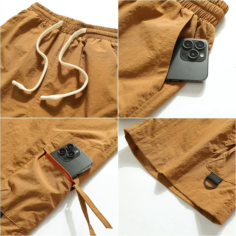 Close-up collage of brown cargo shorts showing drawstring, pocket, and utility details