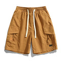 Brown men's cargo shorts with elastic waist, drawstring, and side flap pockets