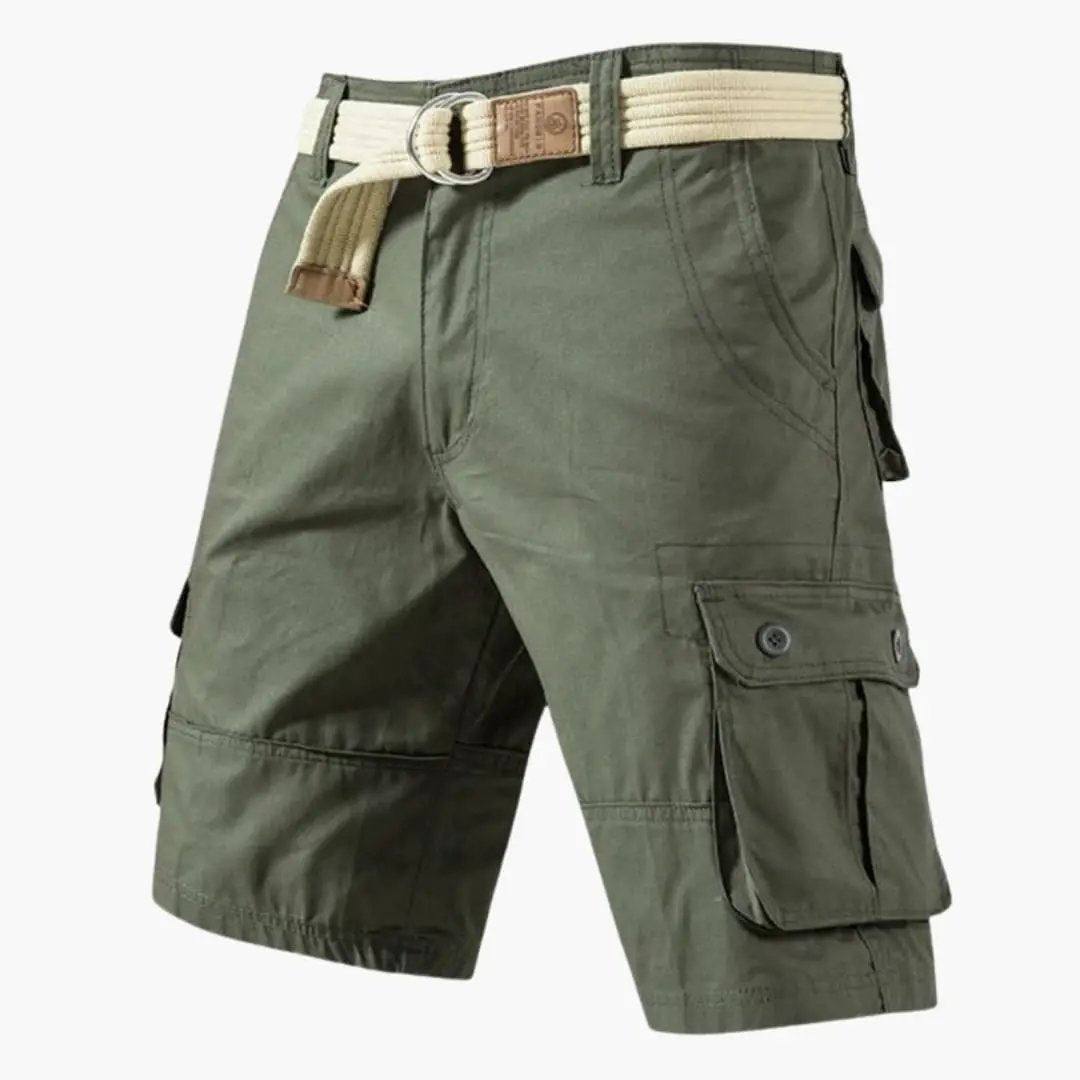 Olive green cargo shorts with belt and flap pockets for men
