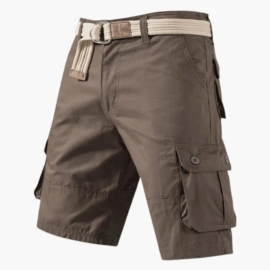 Brown men cargo shorts with belt, large flap pocket and pockets