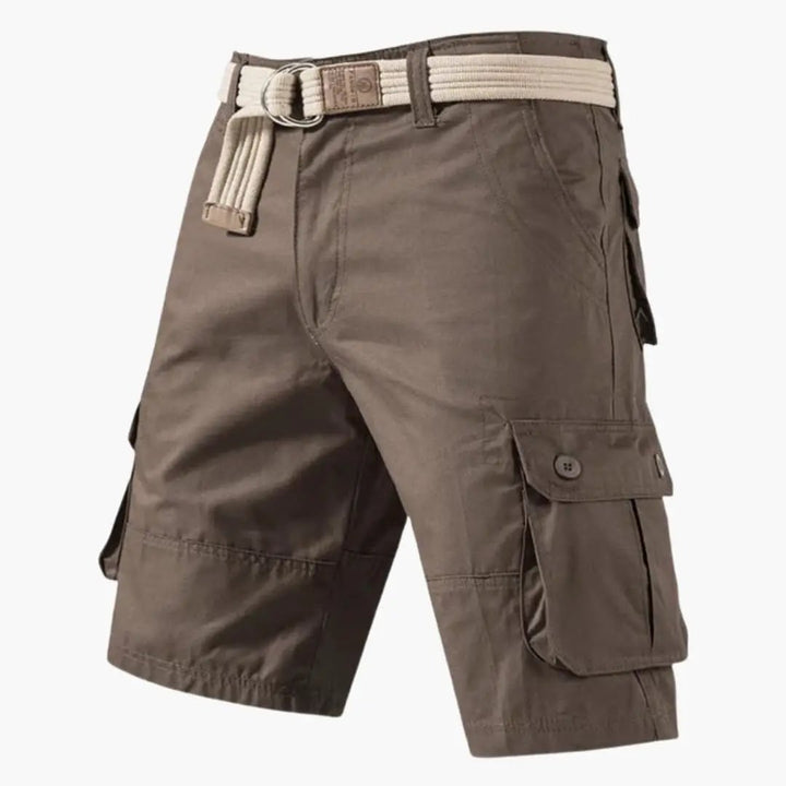 Brown men cargo shorts with belt, large flap pocket and pockets
