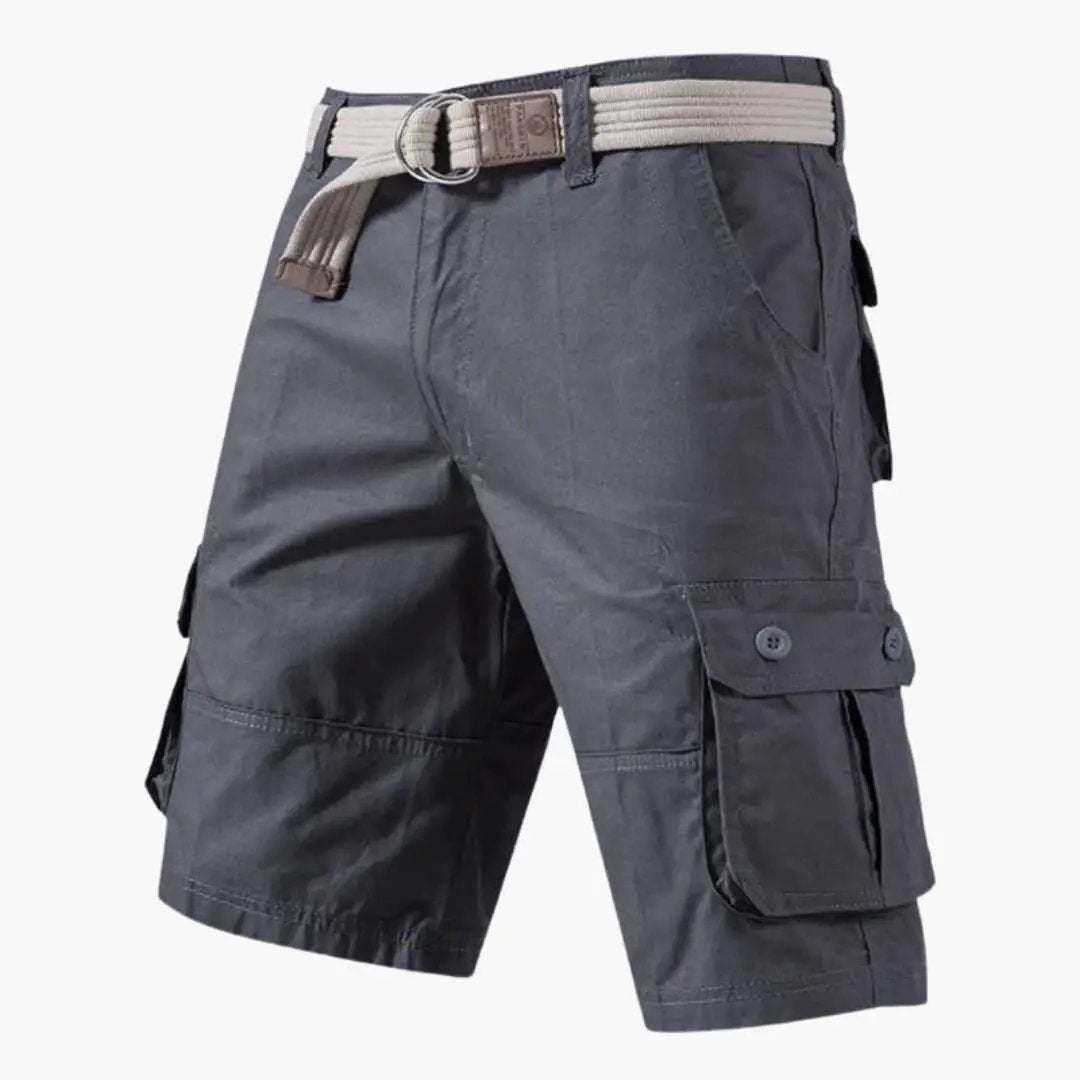 Gray cargo shorts with belt and button flap pocket, men shorts