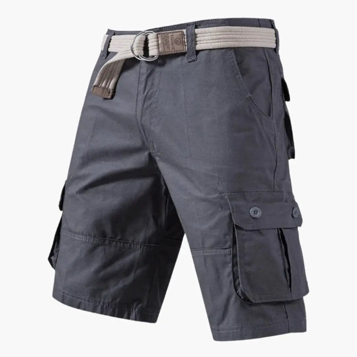 Gray cargo shorts with belt and button flap pocket, men shorts