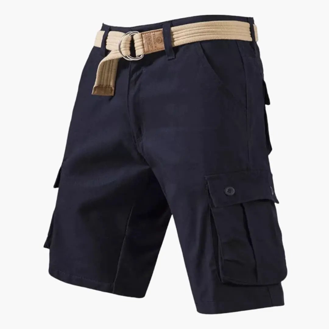 Navy men cargo shorts with belt and roomy side pockets