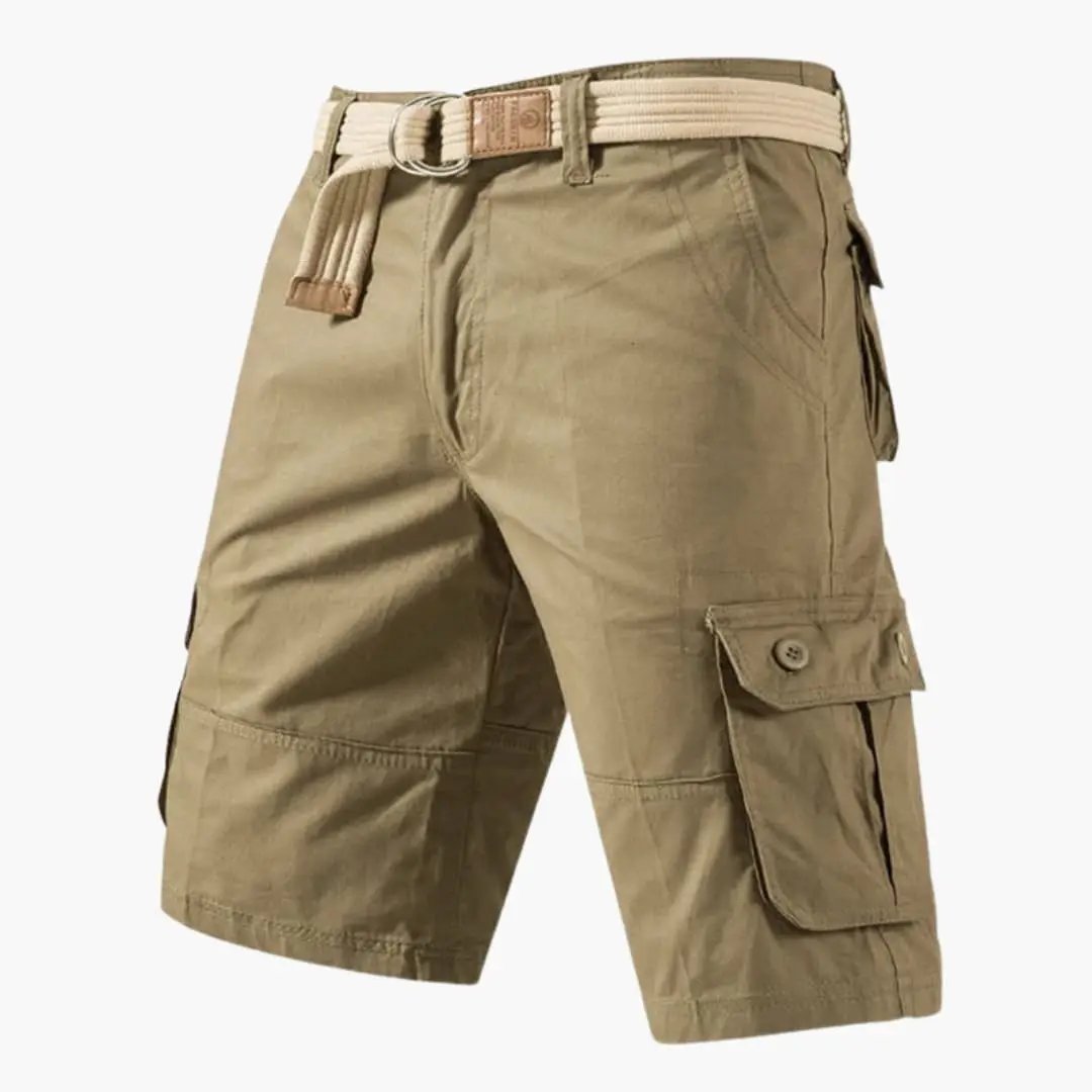 Tan cargo shorts for men with belt, flap pocket and utility style