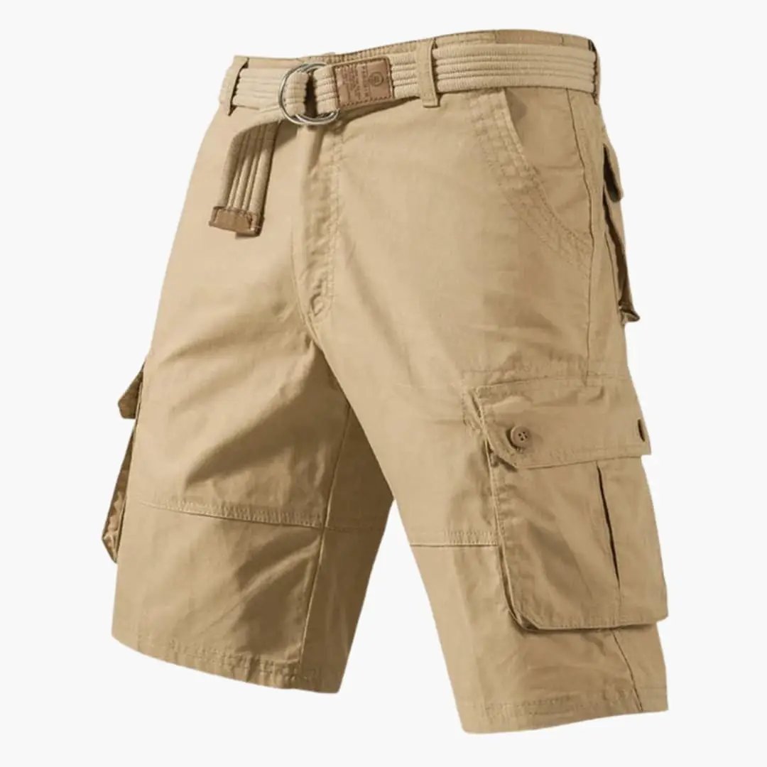 Khaki men cargo shorts with belt and side pockets, front view