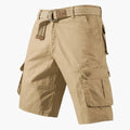 Khaki men cargo shorts with belt and side pockets, front view