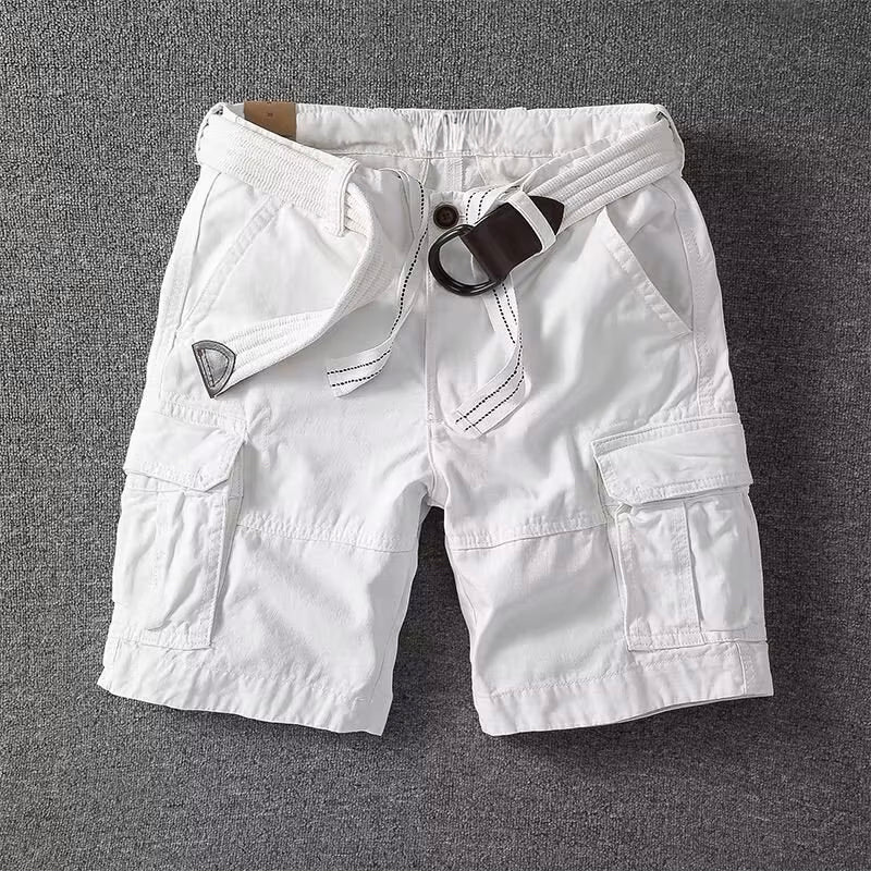 White men cargo shorts with belt, multi pocket casual shorts, front flat lay with side pockets