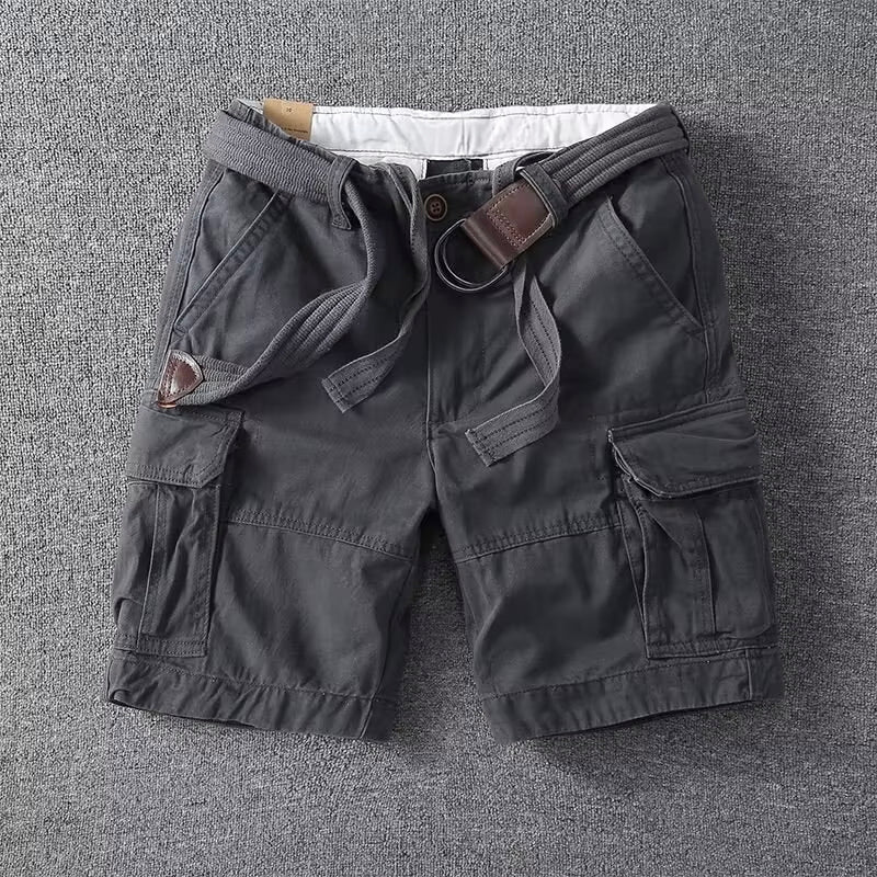 Dark gray men cargo shorts with belt, multi pocket casual shorts, front flat lay with stitching