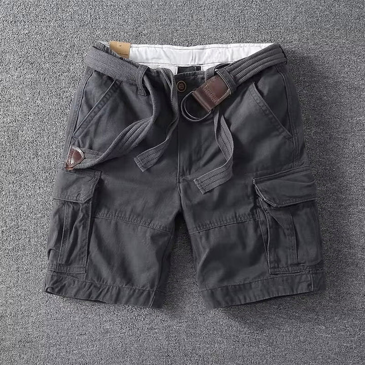 Dark gray men cargo shorts with belt, multi pocket casual shorts, front flat lay with stitching