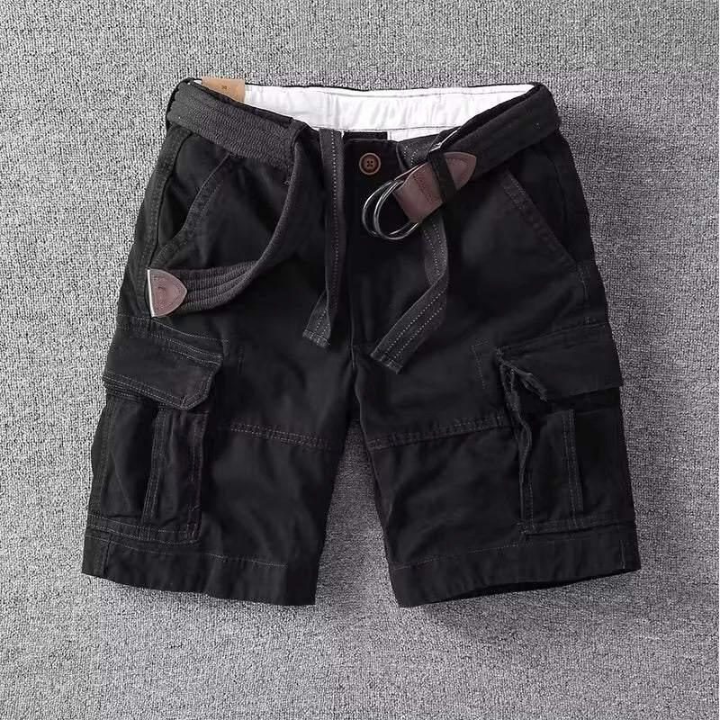 Black men cargo shorts with belt, multi pocket casual style, front flat lay with flap pockets