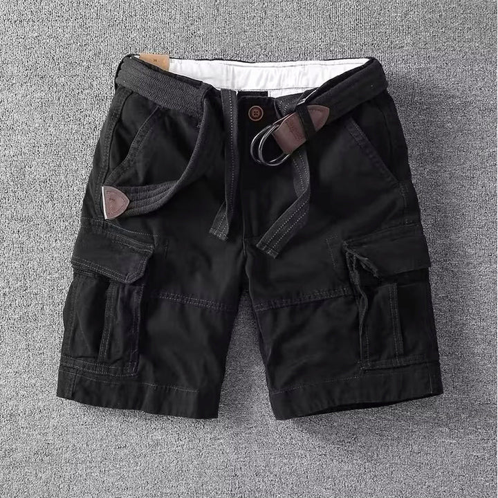 Black men cargo shorts with belt, multi pocket casual style, front flat lay with flap pockets