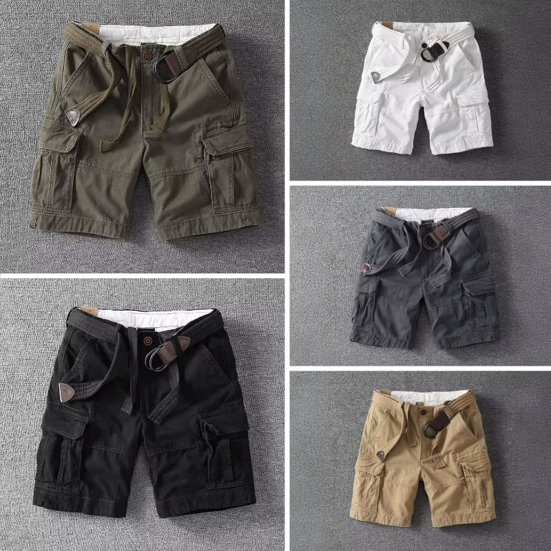 Color options collage of men cargo shorts with belt, multi pocket casual shorts in five colors