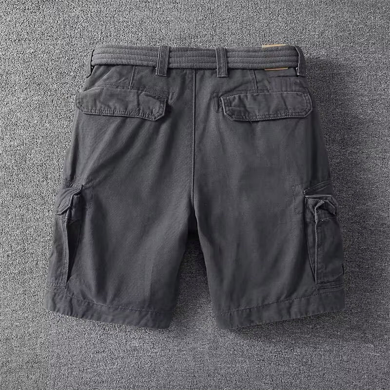 Back view of dark gray men cargo shorts with belt, multi pocket casual shorts with rear pockets