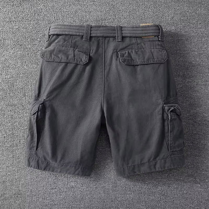 Back view of dark gray men cargo shorts with belt, multi pocket casual shorts with rear pockets