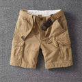 Khaki men cargo shorts with belt, multi pocket casual style, front flat lay with flap pockets