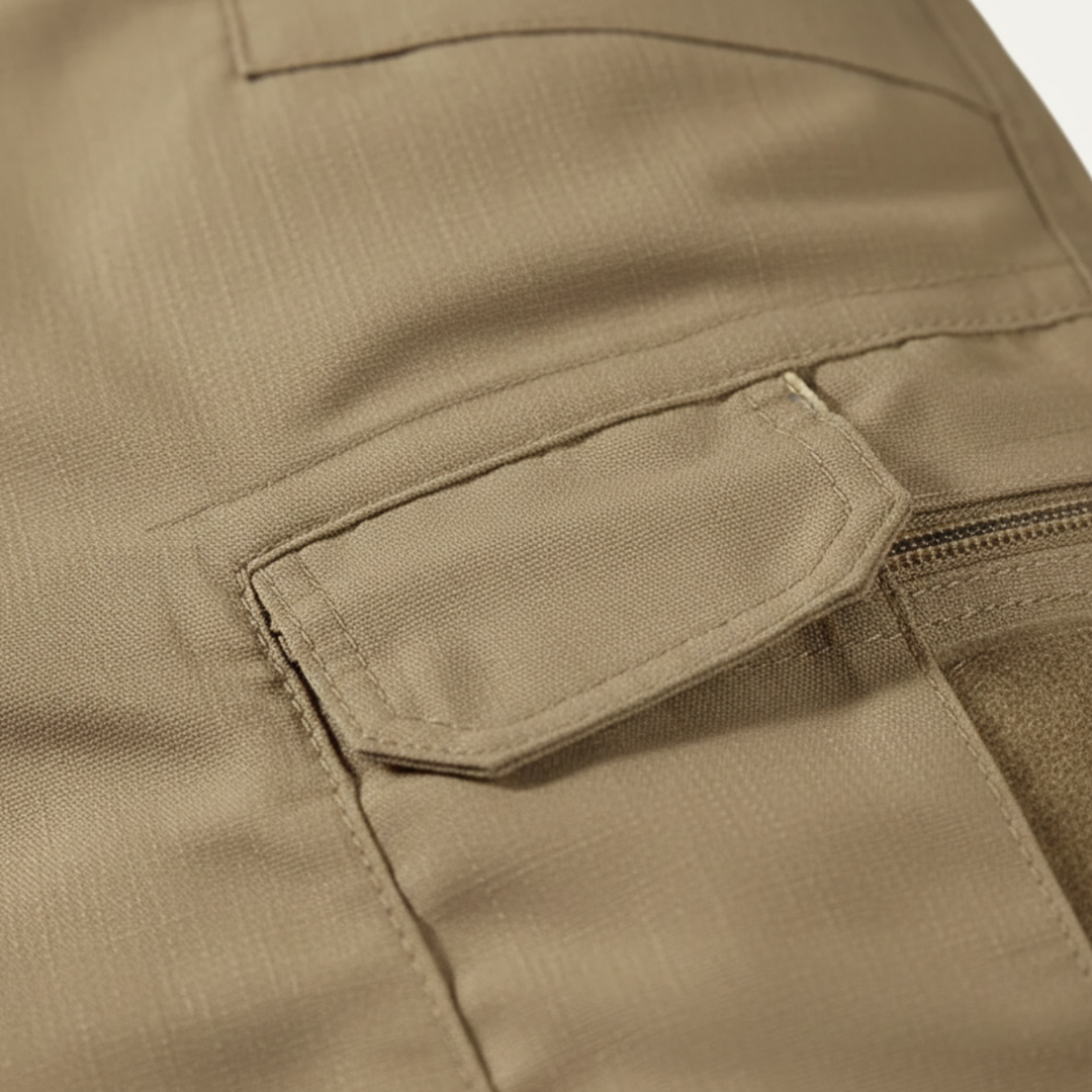 Close-up of tan cargo shorts pocket and stitched flap detail on durable cotton shorts