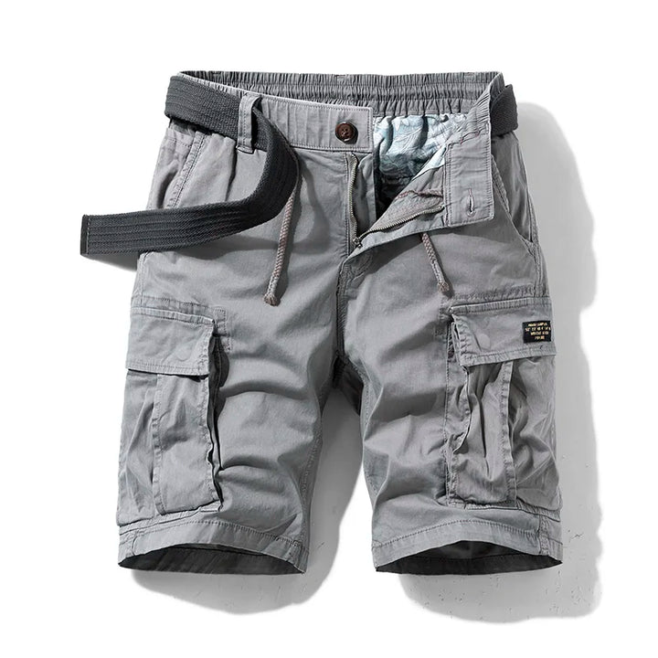 Gray men cargo shorts with pockets, elastic waist, and side flap utility pockets