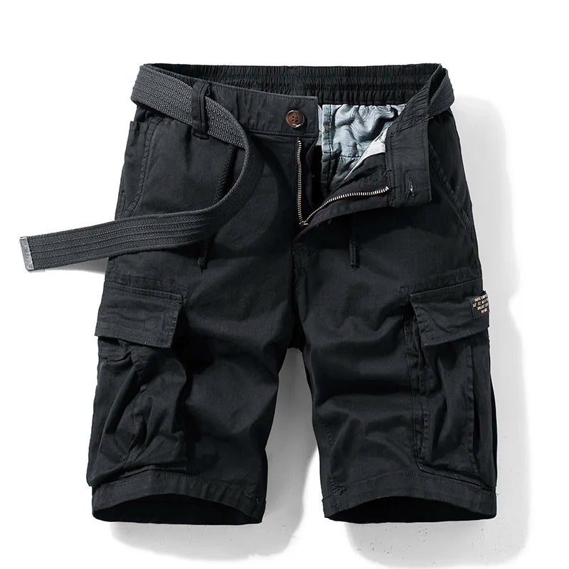 Black men cargo shorts with pockets, relaxed fit, drawstring waist, and utility pockets