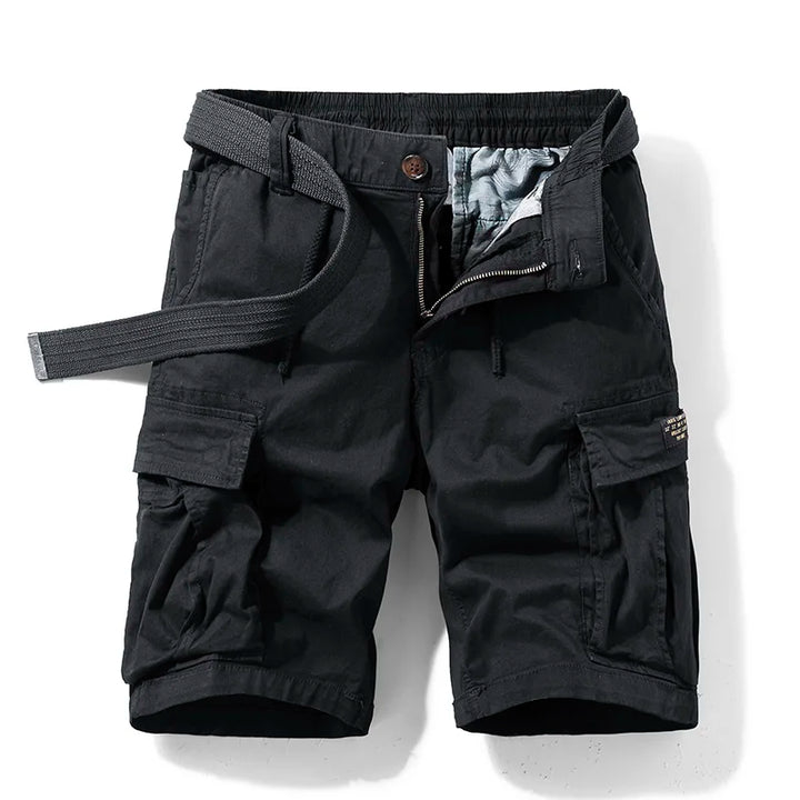 Black men cargo shorts with pockets, relaxed fit, drawstring waist, and utility pockets