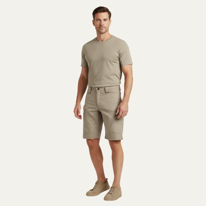 Men cargo shorts in beige with side pockets, full-body model shot and loafers
