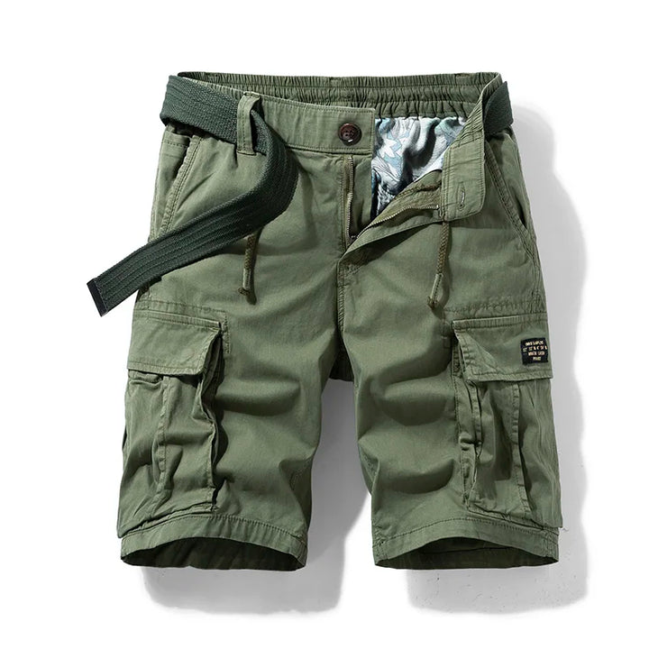 Olive green men cargo shorts with pockets, drawstring waist, and large side cargo pockets
