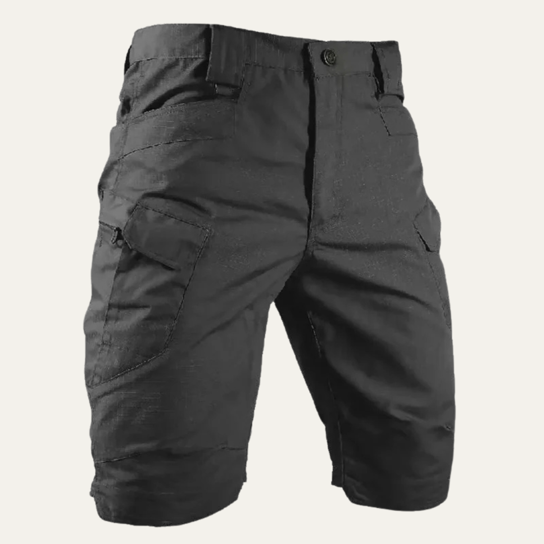 Black men cargo shorts with flap pockets and zip pocket, close-up front view