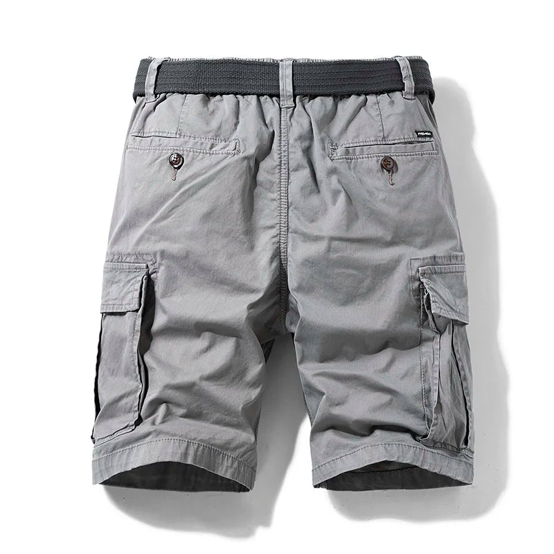 Light gray men cargo shorts with pockets, back view showing elastic waistband and rear pockets