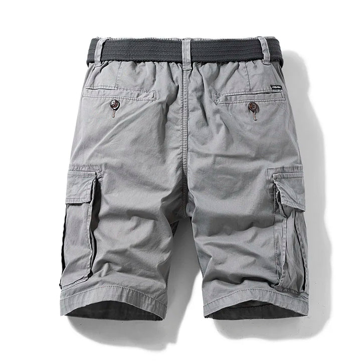 Light gray men cargo shorts with pockets, back view showing elastic waistband and rear pockets