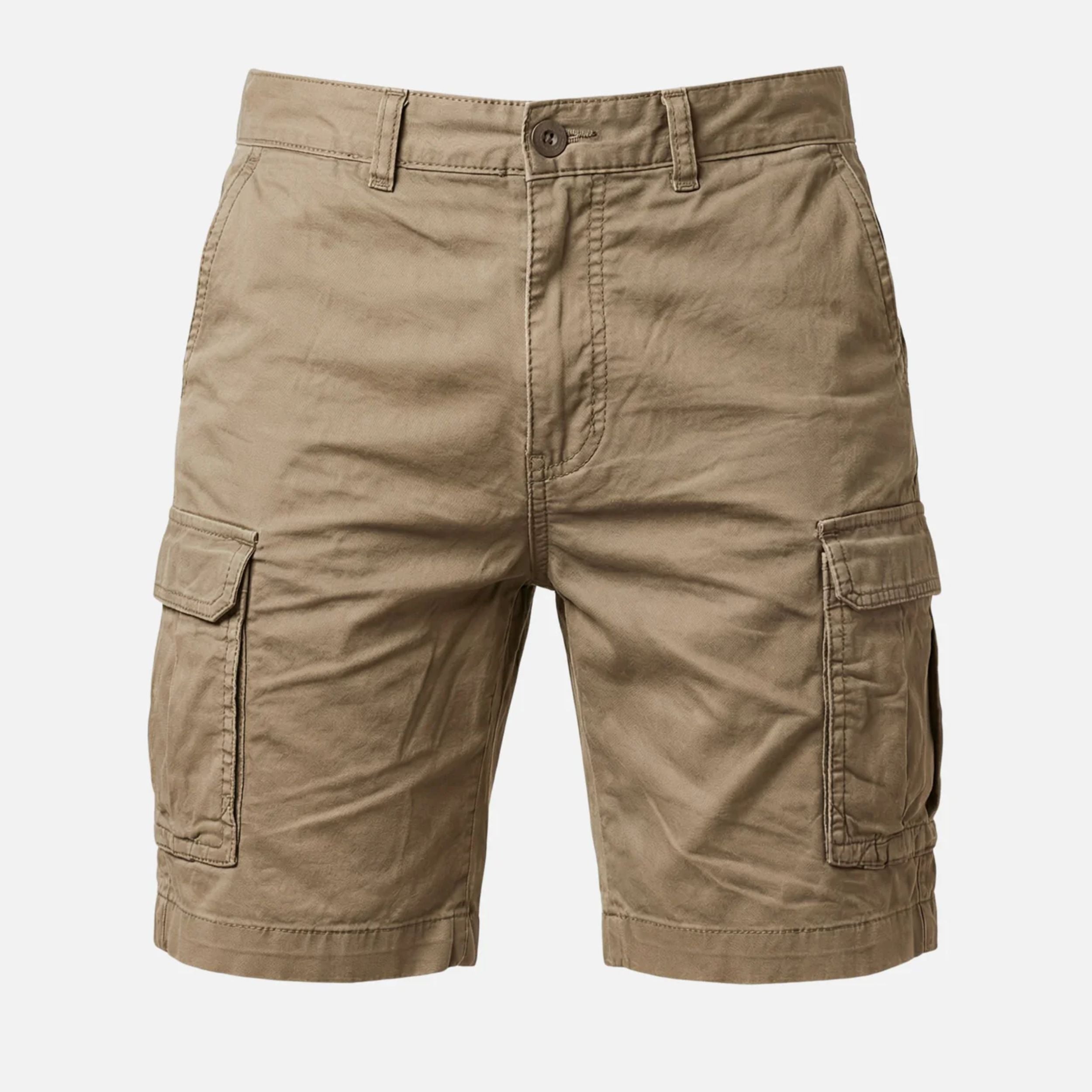 Front close-up of tan cargo shorts showing pocket flap and stitched hem detail