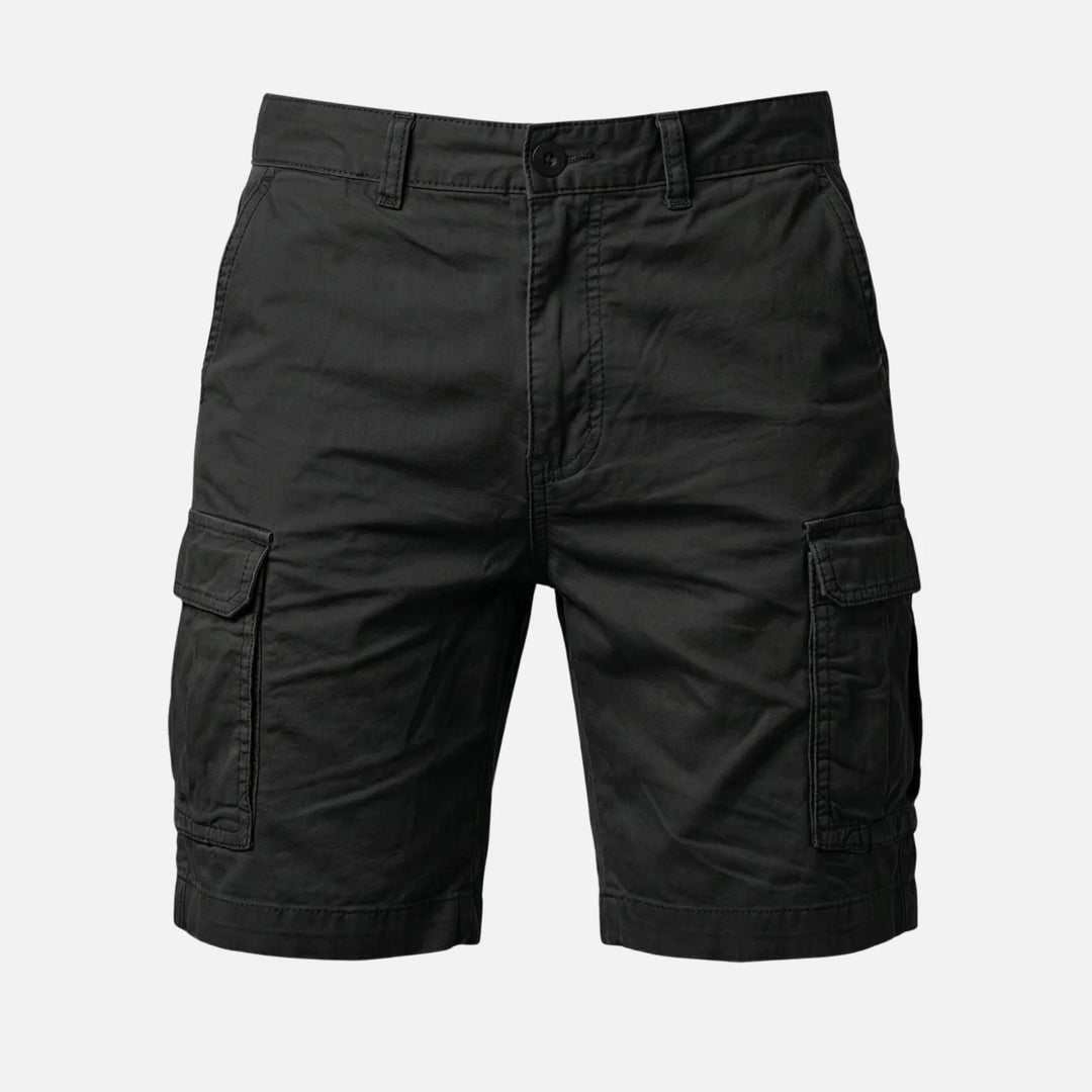 Black men cargo shorts close-up showing front waistband, zipper, and cargo pockets