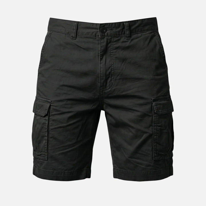 Black men cargo shorts close-up showing front waistband, zipper, and cargo pockets