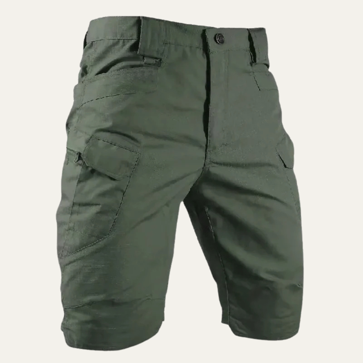 Olive green men cargo shorts with multiple pockets, close-up front detail