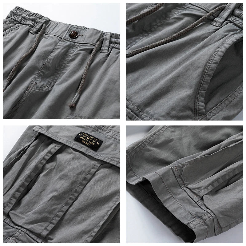 Close-up of gray men cargo shorts with pockets, showing fabric texture, stitching, and waistband